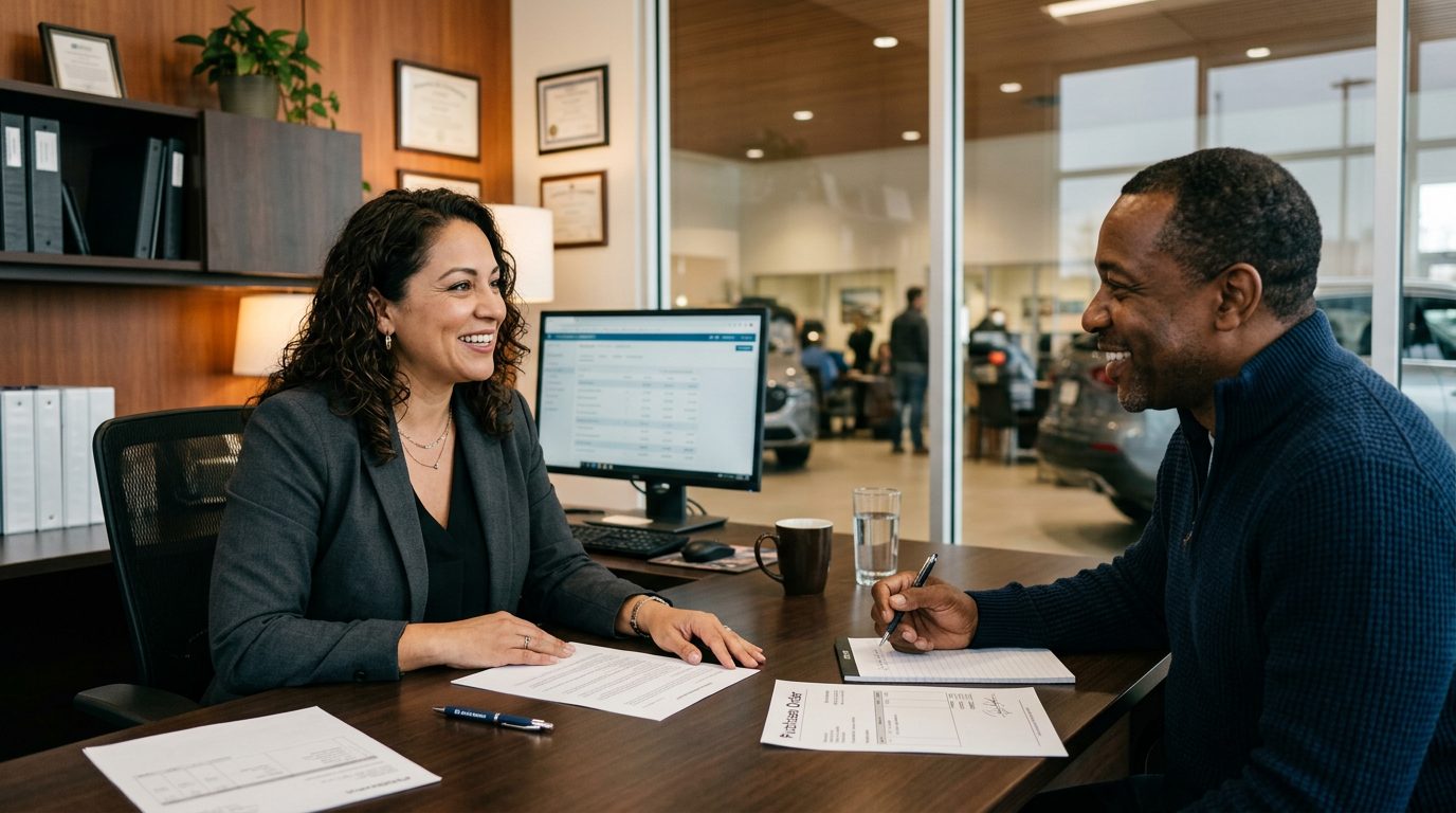 Two people in genuine conversation in a dealership F&I office — trust-based selling
