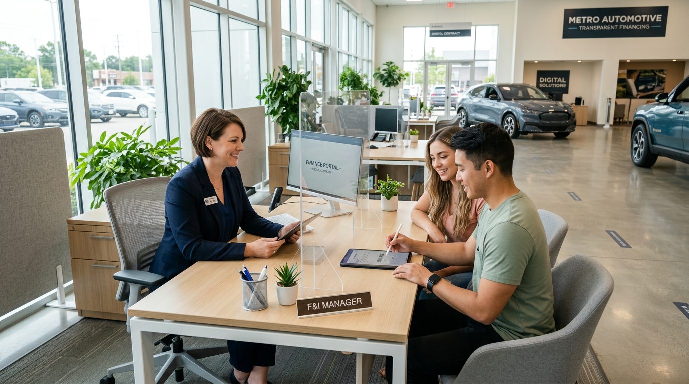 Modern dealership F&I office with digital tablet signing and open professional space