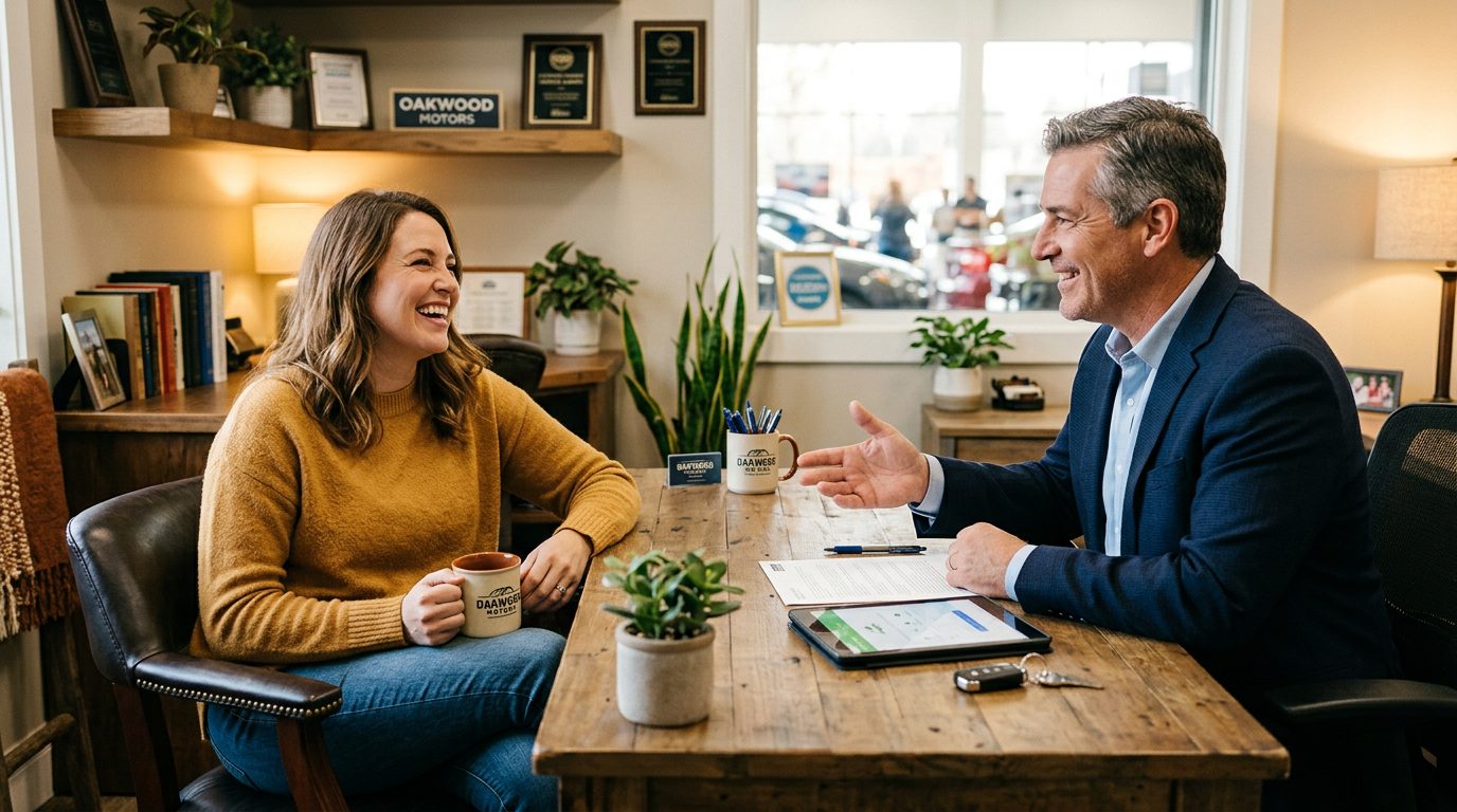 Customer smiling and relaxed in an F&I office having a positive conversation with a finance manager