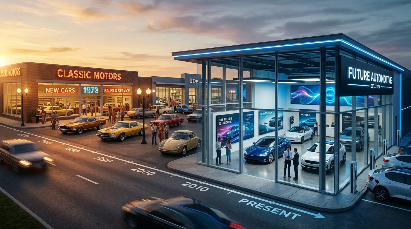 Classic 1970s dealership transitioning to a modern glass showroom — the past and future of automotive