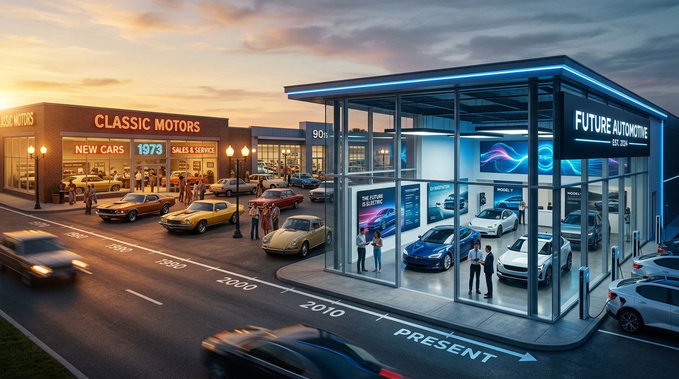 Classic 1970s dealership transitioning to a modern glass showroom — the past and future of automotive