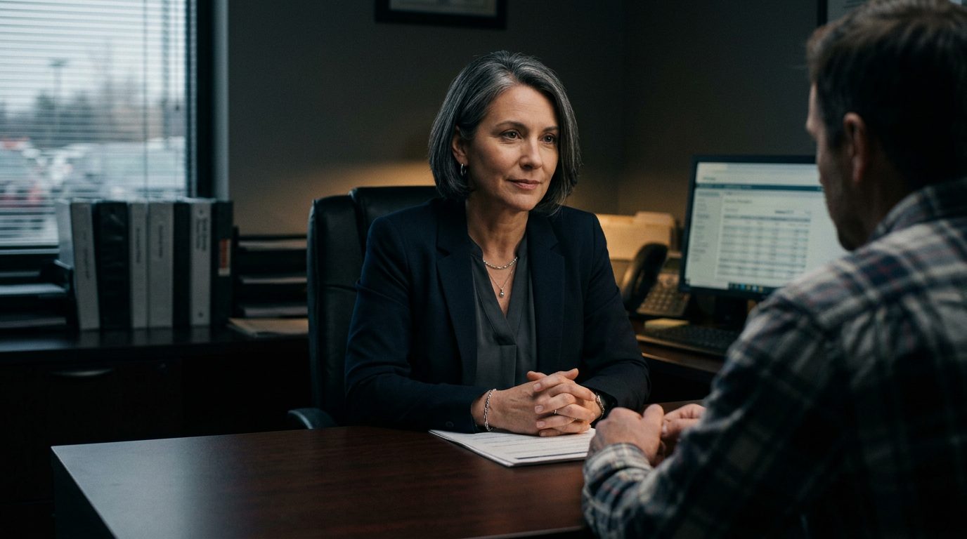 Calm, composed F&I manager maintaining professional poise during a tense customer situation