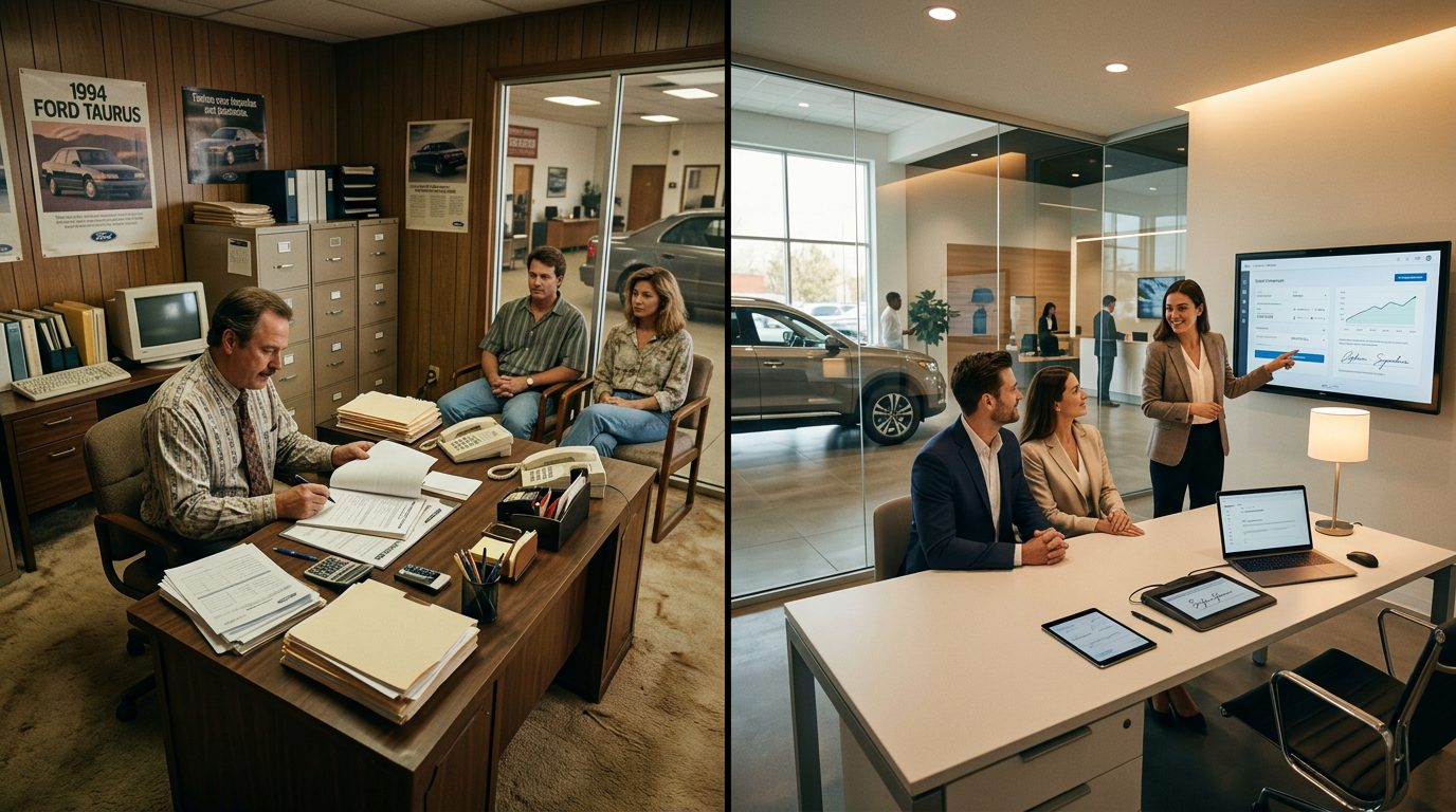 Contrast between a 1990s dealership F&I office and a modern digital F&I setup