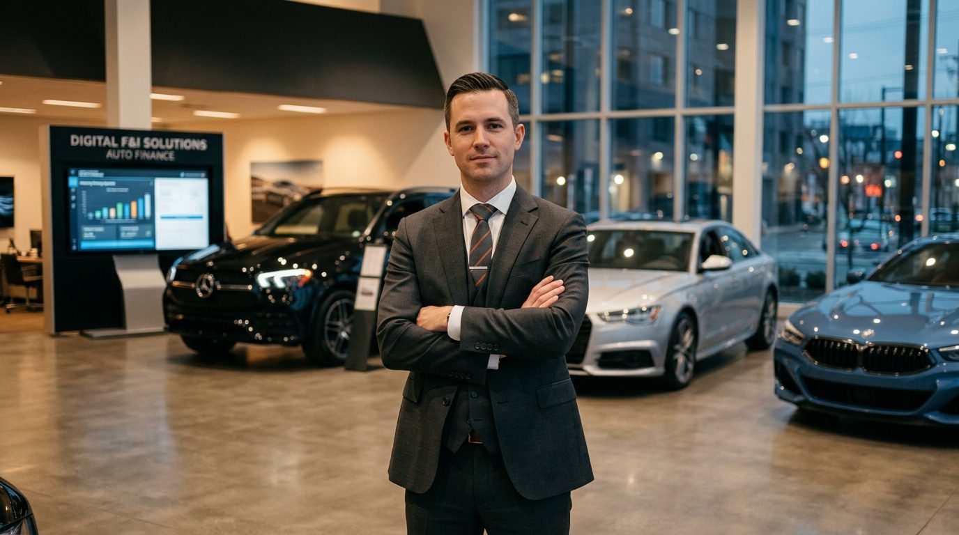 Confident F&I professional standing in a modern dealership showroom