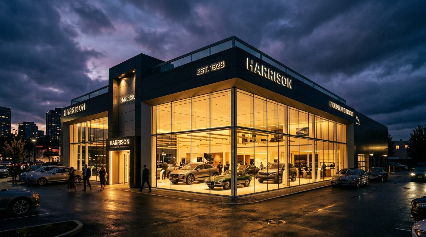 Modern car dealership at dusk with interior lights glowing through floor-to-ceiling windows