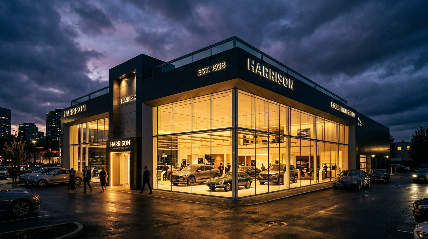 Modern car dealership at dusk with interior lights glowing through floor-to-ceiling windows
