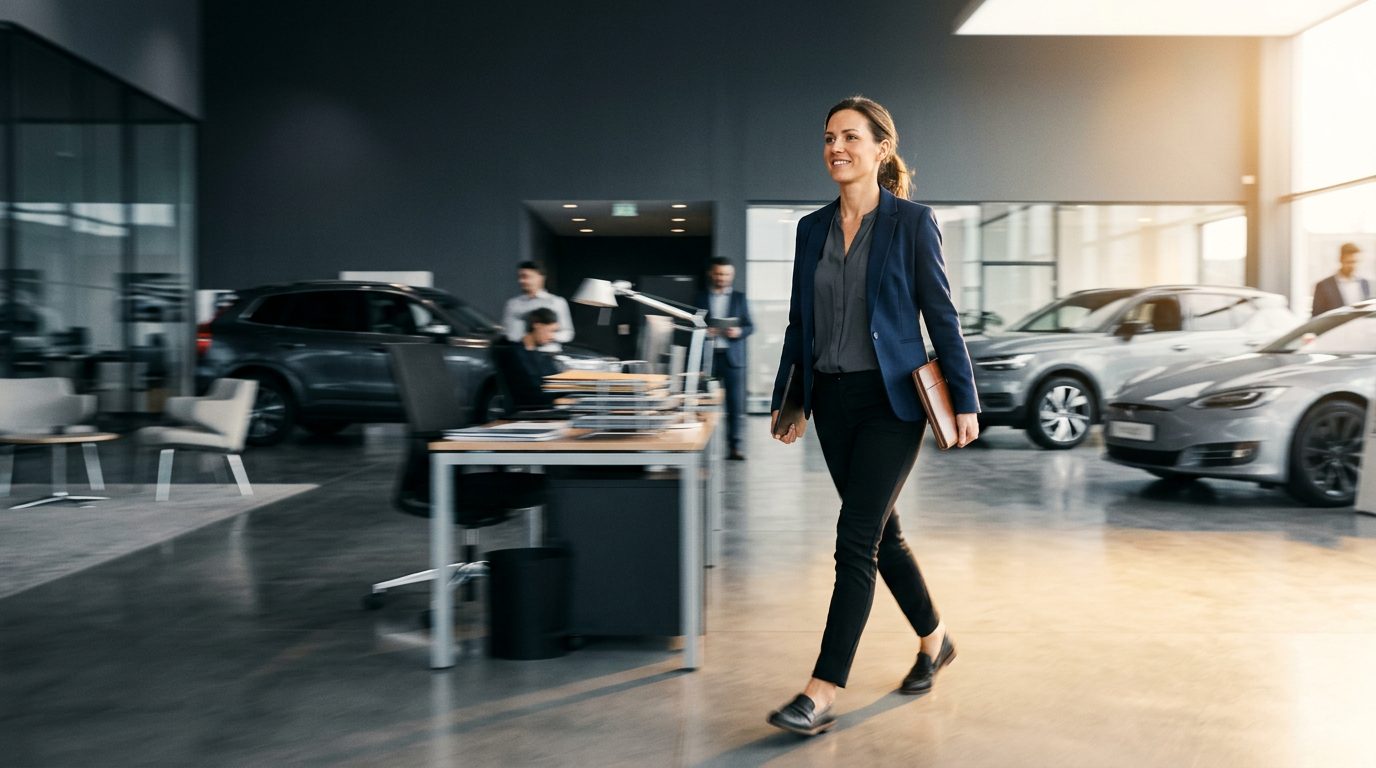 Determined automotive finance professional striding confidently through a modern dealership