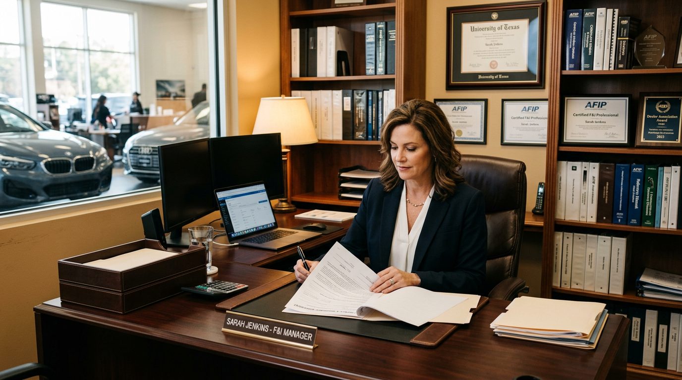 Skilled F&I manager in a private dealership office reviewing documents with confidence
