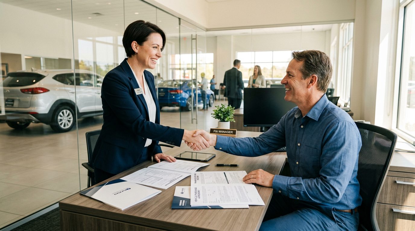 F&I manager and customer shaking hands across a desk in a bright transparent dealership office