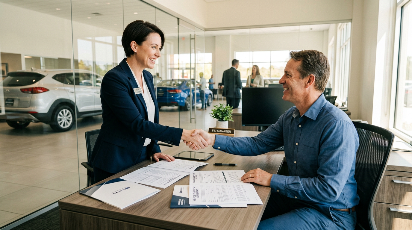 F&I manager and customer shaking hands across a desk in a bright transparent dealership office