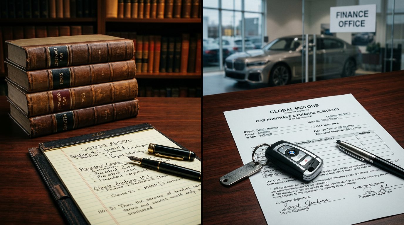 Law books and legal notepad beside a car dealership F&I contract and car keys