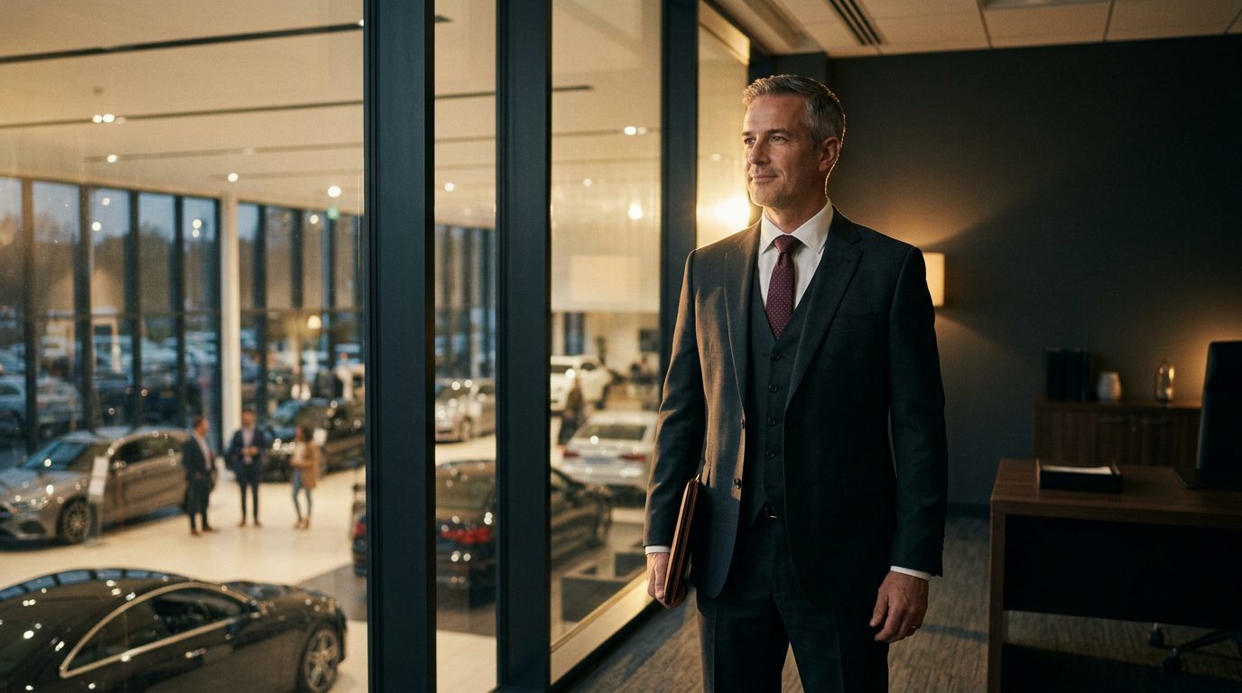 Dignified F&I manager standing tall in a dealership office with purpose and integrity