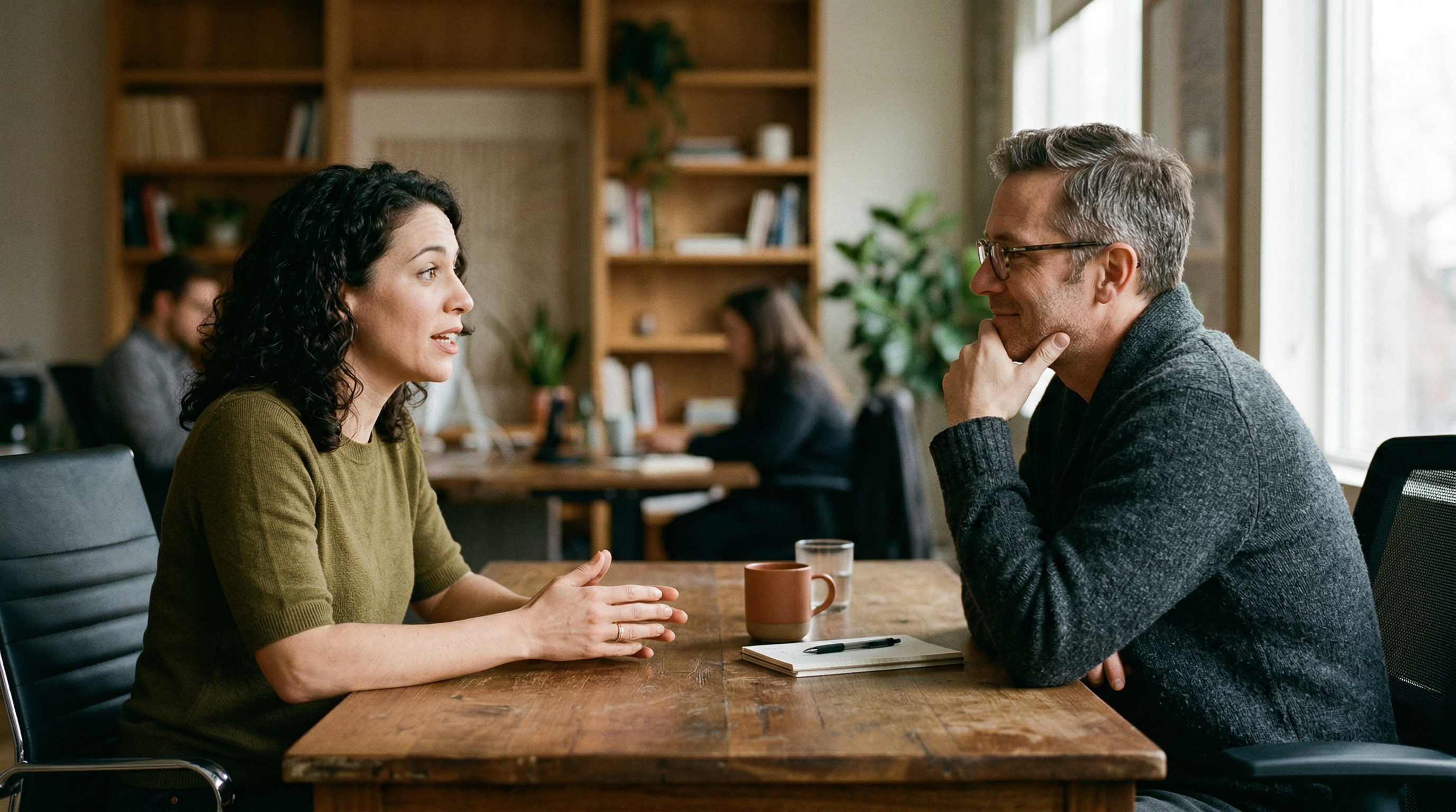 Two people in a genuine conversation — trust-based F&I selling