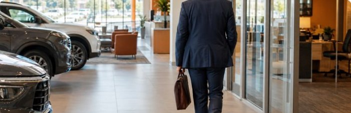 F&I manager with briefcase arriving at a showroom