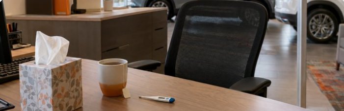 F&I desk with tissues, tea, and a thermometer